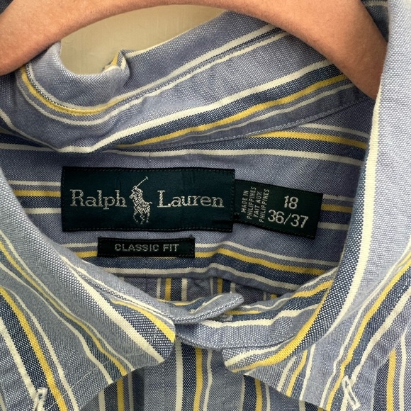 Ralph Lauren, Button down long sleeve Shirt, 18 36/37, Blue white Yellow Stripes - Picture 3 of 6